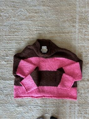 Free People Brown & Pink Striped Chunky Turtleneck Sweater